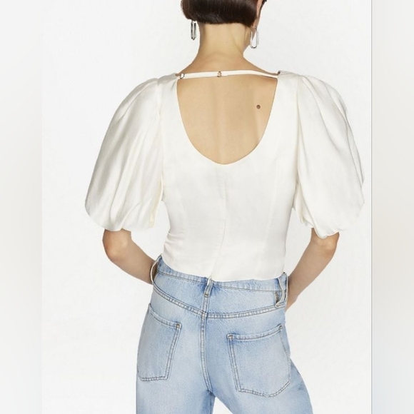 FRAME Puff Sleeve U-Neck Cropped Top | Size S | NWT | Off White | Linen Blend | - Picture 3 of 3